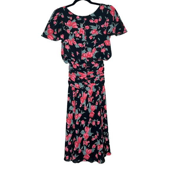 Vintage 90s All That Jazz Floral Dress XS/S Flutter Sleeve Blouson Midi Boho - Picture 4 of 9